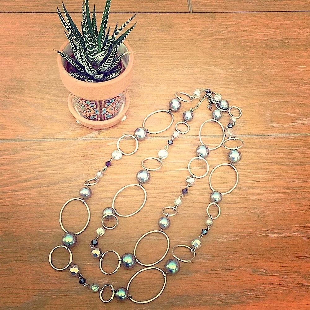 Lia Sophia “Alpine” Silver Hoop and Metallic Beaded Long Necklace